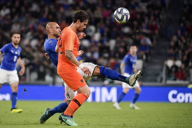 Photo LaPresse - Marco Alpozzi June 4, 2018 Turin ( Italy ) Italy vs Netherlands - friendly match - Allianz Arena Stadium of Turin. in the pic: Simone Zaza (Italy) Daryl Janmaat (Netherlands);  Copyright: xLaPresse MarcoxAlpozzix
