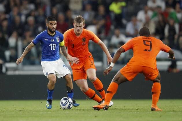 (L-R) Lorenzo Insigne of Italy, Matthijs de Ligt of Holland, Ryan Babel of Holland during the International Friendly Länderspiel match between Italy and The Netherlands at Allianz Stadium on June 04, 2018 in Turin, Italy International friendly match 2017 2018 xVIxVIxImagesx xMauricexvanxSteenxIVx 11131902