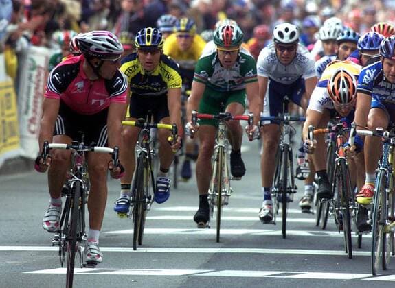 NO MAGS-NO SALES-NO INTERNET BRU74 - - BOULOGNE-SUR-MER, FRANCE: German Erik Zabel (L) looks on at the finish line, Sunday 08 July 2001, as he wins the first leg of the Tour de France 2001, from Saint-Omer to Boulogne-sur-Mer. MICHELxGOUVERNEUR  x668458x