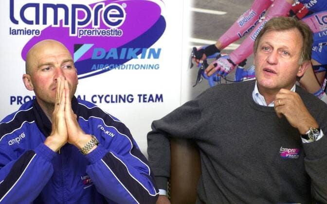 BRU33 - - KORTRIJK, BELGIUM: Belgian cyclist Ludo Dierckxsens (L) and his manager Pietro Algeri (R) of the Lampre-Daikin cycling team talks with the press, Friday 12 April 2002, two days before the Paris-Roubaix cycling race on Sunday. YVES BOUCAU VIRGINIExLEFOUR  x908807x
