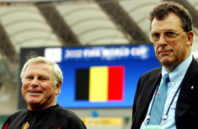 BRU121 - - FUKUROI, JAPAN: Coach Robert Waseige (L) and technical director Karel Vertongen (R) pictured during a training session of the Red Devils Belgian national soccer team, Thursday 13 June 2002 at the Shizuoka Stadium in Fukuroi, one day before their last group match of the 2002 FIFA World Cup WM Weltmeisterschaft Fussball against Russia. YVESxBOUCAU  x971841x