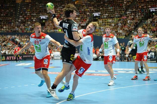 06 06 2018 xemx Handball Test match Germany Norway emspor v left Espen Lie Hansen Norway 89 Fabian Wiede Germany 10 Magnus Jondal Norway 17 and Goran Johannessen Norway 23 Muenchen