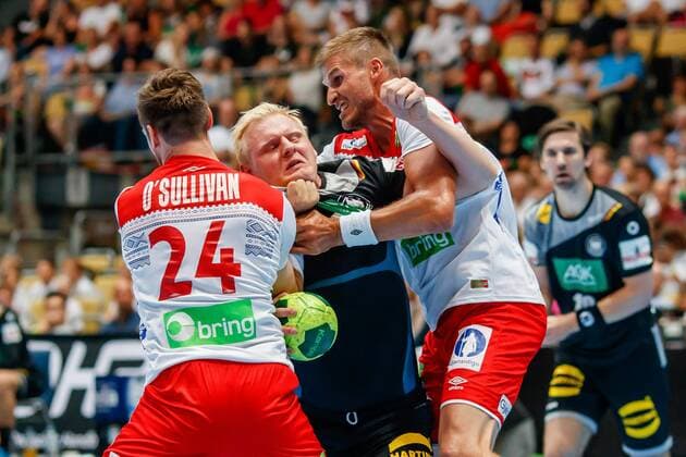 Muenchen Germany 06 06 2018 Handball Laender match of the men Germany Norway Christian O Sullivan NOR Bjarte Myrhol NOR and Patrick Wiencek GER in a duel DeFodi507