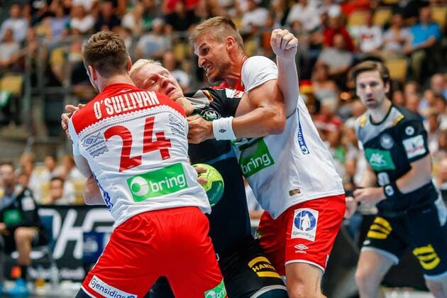 Muenchen Germany 06 06 2018 Handball Laender match of the men Germany Norway Christian O Sullivan NOR Bjarte Myrhol NOR and Patrick Wiencek GER in a duel DeFodi507