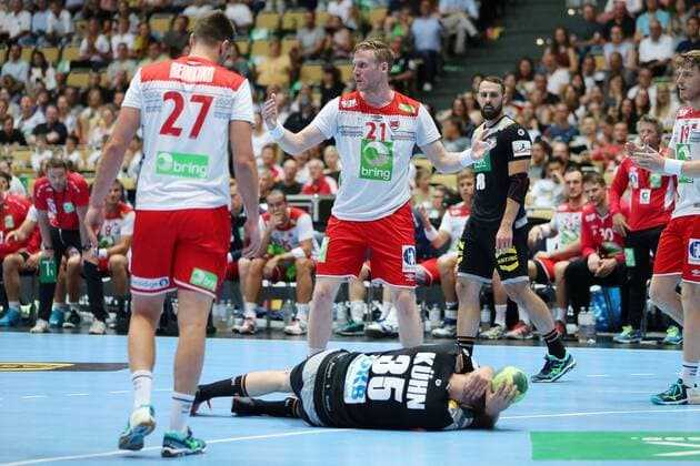 Magnus Gullerud and Julius Kuehn GER in the Laender match of the Handball men between Germany and Norway on 06 06 18 in the Olympiahalle Muenchen Test match handball men Germany Norway Muenchen Copyright: xEIBNER MarcelxEngelbrechtx EP_MET