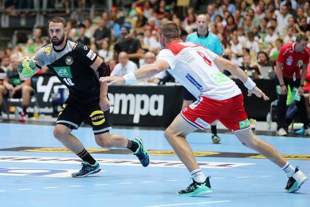 Tim Kneule GER and Bjarte Myrhol NOR during the Laender match of the Handball men between Germany and Norway on 06 06 18 in the Olympiahalle Muenchen Test match handball men Germany Norway Muenchen Copyright: xEIBNER MarcelxEngelbrechtx EP_MET