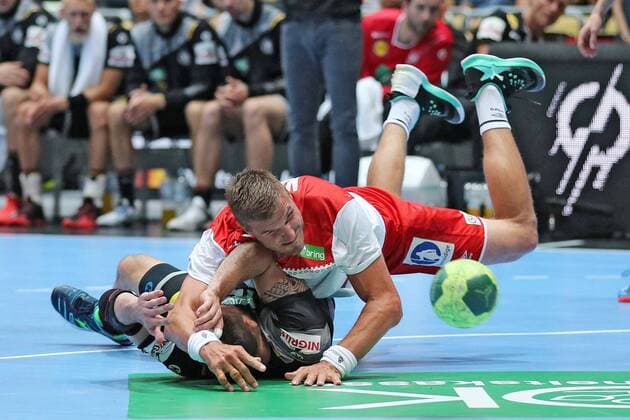 Tim Kneule GER and Bjarte Myrhol NOR during the Laender match of the Handball men between Germany and Norway on 06 06 18 in the Olympiahalle Muenchen Test match handball men Germany Norway Muenchen Copyright: xEIBNER MarcelxEngelbrechtx EP_MET