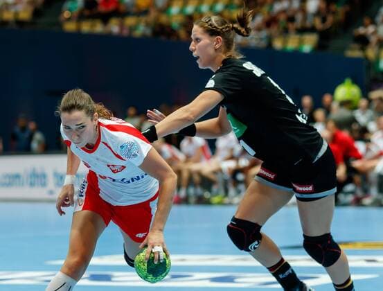 Muenchen Germany 06 06 2018 Handball Laender match of the women Germany Poland Monika Kobylinska POL and Xenia Smits GER in a duel DeFodi507