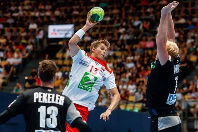 Muenchen Germany 06 06 2018 Handball Laenspiel der Maenner Germany Norway Herman Vildalen NOR and Patrick Wiencek GER in a duel DeFodi507