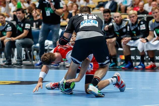 Muenchen Germany 06 06 2018 Handball Laender match of the men Germany Norway Christian O Sullivan NOR and Tim Suton GER in a duel DeFodi507