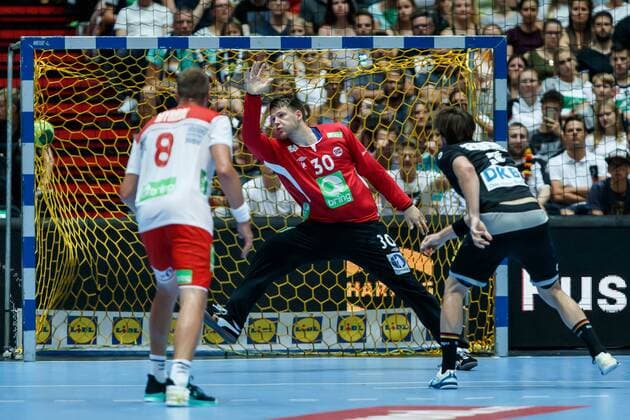 Muenchen Germany 06 06 2018 Handball Laender match of the men Germany Uwe Gensheimer GER and goalkeeper Torbjorn Bergerud NOR in a duel DeFodi507