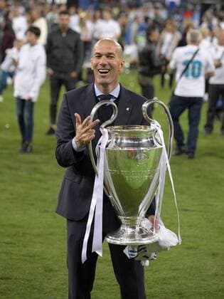 26 05 2018 Football UEFA Champions League Final 2018 Real Madrid FC Liverpool at the Olympic Stadium Kiev Ukraine Coach Zinedine Zidane Real Madrid after winning the Cup