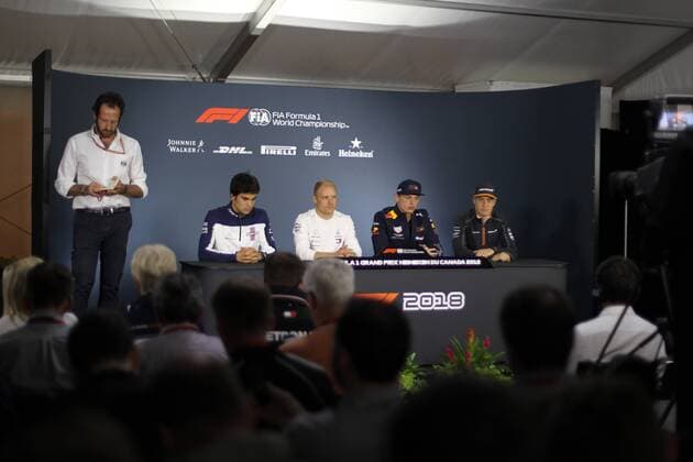 Photo4 LaPresse 07 06 2018 Montreal, Canada Grand Prix Formula One Canada 2018 In the pic: Thursday Official Fia press conference PK Pressekonferenz L to R Lance Stroll (CDN) Williams FW41 , Valtteri Bottas (FIN) Mercedes AMG F1 W09, Max Verstappen (NED) Red Bull Racing RB14 and Stoffel Vandoorne (BEL) McLaren MCL33  Copyright: xPhoto4 LaPressex