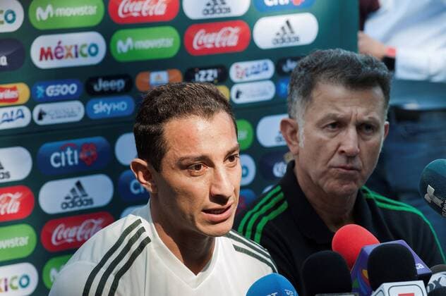 Mexican National Soccer Team s head coach, Colombian Juan Carlos Osorio (R), and midfielder Andres Guardado (L) address a press conference PK Pressekonferenz at Brondby s Stadium, Denmark, 08 June 2018. Mexico prepares for FIFA World Cup WM Weltmeisterschaft Fussball championship running in Russia from 14 June to 15 July 2018. Mexican national team Nationalteam s presser in Brondby !ACHTUNG: NUR REDAKTIONELLE NUTZUNG!  Copyright: xRicardoxRamirezx GRAF6060 20180608-636640591451799878