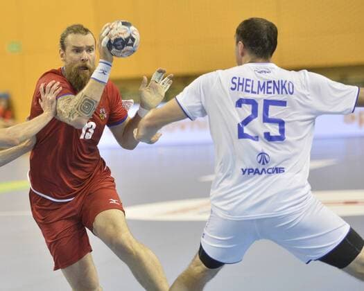L-R Pavel Horak (CZE) and Sergey Shelmenko (RUS) in action during the men s handball World Championship WM Weltmeisterschaft qualification first game: Czech Republic vs Russia, in Pilsen, Czech Republic, on June 8, 2018. (CTKxPhoto MiroslavxChaloupka) CTKPhotoP201806081032501  _CHA7027