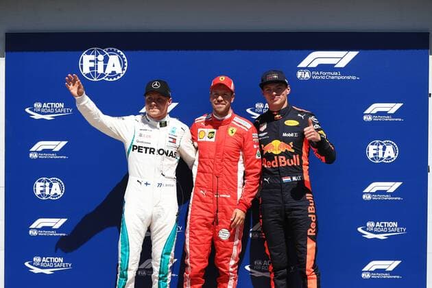 9th June 2018, Circuit Gilles-Villeneuve, Montreal, Canada; Canadian Formula One Grand Prix, qualification; Scuderia Ferrari, Sebastian Vettel takes pole followed by Mercedes AMG Petronas Motorsport; Valtteri Bottas and Aston Martin Red Bull Racing TAG Heuer, Max Verstappen  ActionPlus12035027 Octane