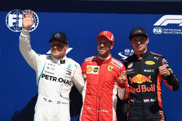 9th June 2018, Circuit Gilles-Villeneuve, Montreal, Canada; Canadian Formula One Grand Prix, qualification; Scuderia Ferrari, Sebastian Vettel takes pole followed by Mercedes AMG Petronas Motorsport; Valtteri Bottas and Aston Martin Red Bull Racing TAG Heuer, Max Verstappen  ActionPlus12035028 Octane