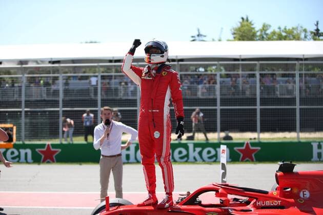 Photo4 LaPresse 09 06 2018 Montreal, Canada Grand Prix Formula One Canada 2018 In the pic: Sebastian Vettel (GER) Scuderia Ferrari SF71H celebrates his pole position  Copyright: xPhoto4 LaPressex