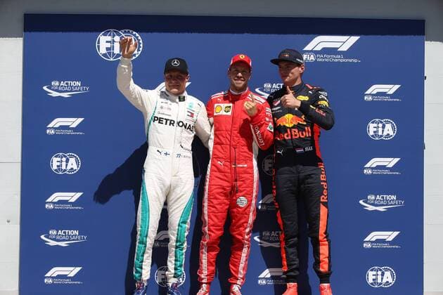 Photo4 LaPresse 09 06 2018 Montreal, Canada Grand Prix Formula One Canada 2018 In the pic: Pole Position celebration, Sebastian Vettel (GER) Scuderia Ferrari SF71H, Valtteri Bottas (FIN) Mercedes AMG F1 W09 and Max Verstappen (NED) Red Bull Racing RB14  Copyright: xPhoto4 LaPressex