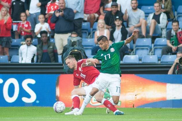 WM 2018, Testspiel, Dänemark - Mexiko Denmark s Henrik Dalsgaard (L) vies for the ball with Mexico s Jesus Corona (R) during the International Friendly Länderspiel soccer match between Denmark and Mexico in Brondby, Denmark, 09 June 2018. Denmark vs Mexico !ACHTUNG: NUR REDAKTIONELLE NUTZUNG!  Copyright: xRicardoxRamírezx COP 20180610-636641863023011908