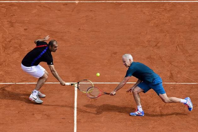 John McEnroe (usa) Cedric Pioline (Fra) trophee des Legendes TENNIS : Internationaux de France de Roland Garros 2018 - Finale trophee des legendes messieurs - Paris - 10 06 2018 JBAutissier Panoramic 