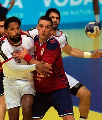 10.06.2018 Nis Serbia-Portugal EHF European qualify play off men s handball Gilberto Duarte(L) Portugal stopped during match from Miljan Pusica(r) Serbia : 