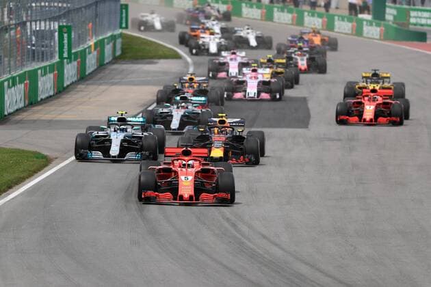 10th June 2018, Circuit Gilles-Villeneuve, Montreal, Canada; Canadian Formula One Grand Prix, race day; Scuderia Ferrari, Sebastian Vettel leads into turn 1 on lap 1  ActionPlus12035533 Octane