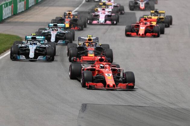 10th June 2018, Circuit Gilles-Villeneuve, Montreal, Canada; Canadian Formula One Grand Prix, race day; Scuderia Ferrari, Sebastian Vettel leads into turn 1 on lap 1  ActionPlus12035534 Octane