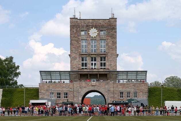 Zwickau 10 06 2018 Westsachsenstadion Soccer 3 Liga FSV Zwickau training start In the picture historic stadium tower and fans Zwickau
