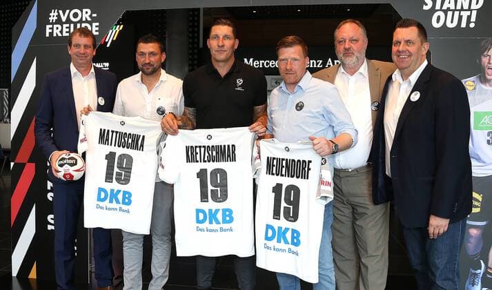 Berlin Mercedes Benz Arena 11 06 18 Presentation of the Berlin Handball World Cup Ambassador on the occasion of the Handball World Cup 2019 Bild vl State Secretary for Sport Aleksander Dzembritzki Torsten Mattuschka former professional footballer of Union Berlin Ex Handball international Stefan Kretzschmar Ex Herthaner midfielder Andreas Neuendorf DHB President Andreas Michelmann Presentation of the Berliner Handball World Cup Ambassador