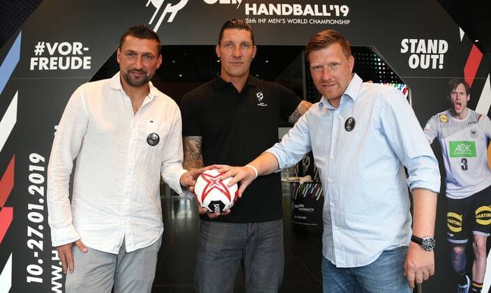 Berlin Mercedes Benz Arena 11 06 18 Presentation of the Berlin Handball World Cup Ambassador on the occasion of the Handball World Cup 2019 Bild v l Torsten Mattuschka former professional footballer of Union Berlin Ex Handball international Stefan Kretzschmar Ex Herthaner midfielder Andreas Neuendorf Presentation of the Berlin Handball World Cup ambassadors