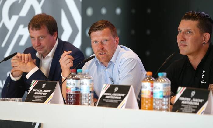 Berlin Mercedes Benz Arena 11 06 18 Presentation of the Berlin Handball World Cup Ambassador on the occasion of the Handball World Cup 2019 Bild v l v l State Secretary for Sport Aleksander Dzembritzki Former Herthanian midfielder Andreas Neuendorf Ex Handball international Stefan Kretzschmar Presentation of the Berlin Handball World Cup ambassadors