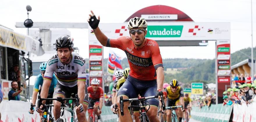 11 06 2018 Gansingen AG SWITZERLAND 82 Tour de Suisse 3 Stage Oberstammheim Gansingen Sprint winner Sonny Colbrelli ITA Team Bahrain Merida