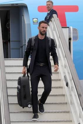 MOSCOW REGION, RUSSIA - JUNE 11, 2018: Mexican football player Miguel Layun (front) disembarks from an airliner as Mexico s national football team arrives at Sheremetyevo International Airport, ahead of FIFA World Cup WM Weltmeisterschaft Fussball Russia 2018. Sergei Bobylev TASS  TS0838E1