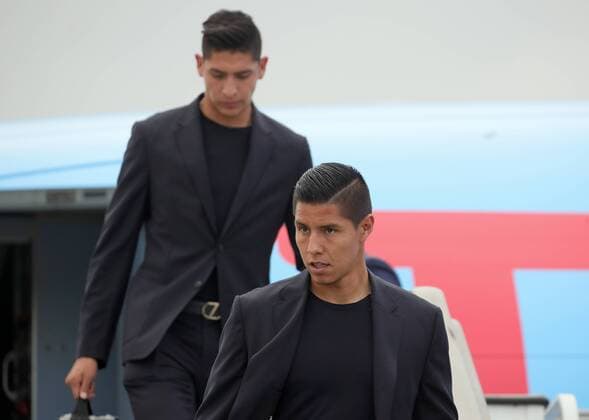 MOSCOW REGION, RUSSIA - JUNE 11, 2018: Mexican football player Carlos Salcedo (front) and teammate disembark from an airliner as Mexico s national football team arrives at Sheremetyevo International Airport, ahead of FIFA World Cup WM Weltmeisterschaft Fussball Russia 2018. Sergei Bobylev TASS  TS0838E3
