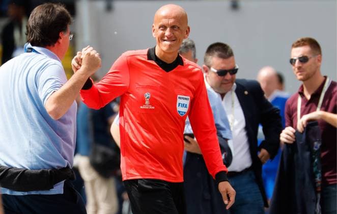 MOSCOW, RUSSIA - JUNE 12, 2018: FIFA Referees Committee Chairman Pierluigi Collina (C) takes part in a football tournament at VEB Arena held ahead of the 2018 FIFA World Cup WM Weltmeisterschaft Fussball Mikhail Japaridze TASS  TS0839F1