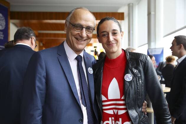 Joel Delplanque ( President Federation francaise de handball ) et Camille Ayglon Saurince HANDBALL : Tirage au Sort Euro 2018 - Maison de la Radio - 12 06 2018 GwendolineLeGoff Panoramic 