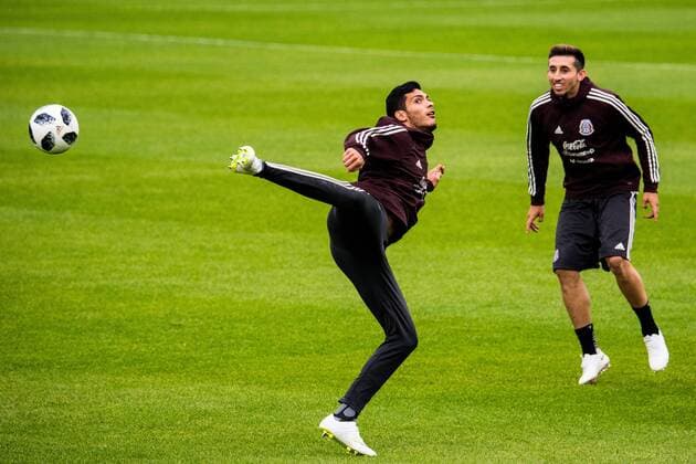 180612 Diego Reyes and Hector Herrera of Mexico during a practice session ahead of the 2018 FIFA World Cup on June 12 2018 in Moscow Photo Petter Arvidson BILDBYR N Code PA 92060  Copyright: PETTERxARVIDSON BB180612PA056