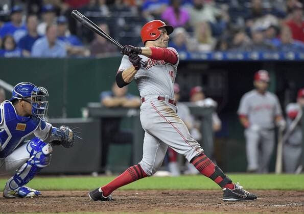 June 12, 2018 - Kansas City, MO, USA - The Cincinnati Reds Joey Votto follows through on a three-run triple in the 10th inning against the Kansas City Royals on Tuesday, June 12, 2018, at Kauffman Stadium in Kansas City, Mo. The Reds won, 5-1, in 10 innings. Cincinnati at Kansas City - ZUMAm67_ 20180612_zaf_m67_098 Copyright: xJohnxSleezerx