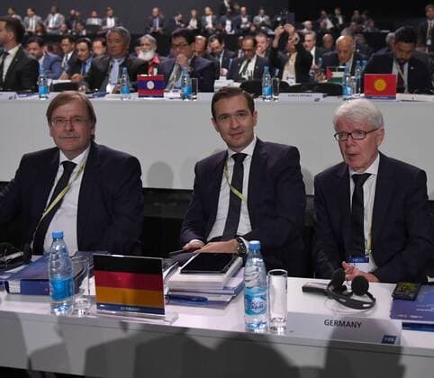 Football Men Season 2017 18 One day before the start of the World Cup in Russia 68 FIFA Congress in the Moscow Expocenter the German delegation v l DFB Vice President Rainer Koch Secretary General Dr Friedrich Curtius DFB DFB Vice President Reinhard Rauball 13 06 2018 Copyright: xMatthiasxKochx