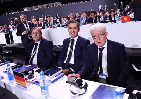 Football International FIFA Congress 2018 in Moscow 13 06 3018 DFB Delegation to the Congress Vice President Rainer Koch Secretary General Dr Friedrich Curtius and Vice President Dr Reinhard Rauball v li