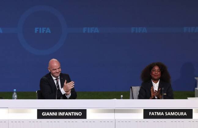 (180613) -- MOSCOW, June 13, 2018 -- FIFA President Gianni Infantino (L) and FIFA Secretary General Fatma Samoura attend the opening ceremony of the 68th FIFA Congress in Moscow, Russia, on June 13, 2018. The 68th FIFA Congress opened here on Wednesday, one day before the first match of the 2018 World Cup in Russia kicked off. ) (SP)RUSSIA-MOSCOW-68TH FIFA CONGRESS XuxZijian 