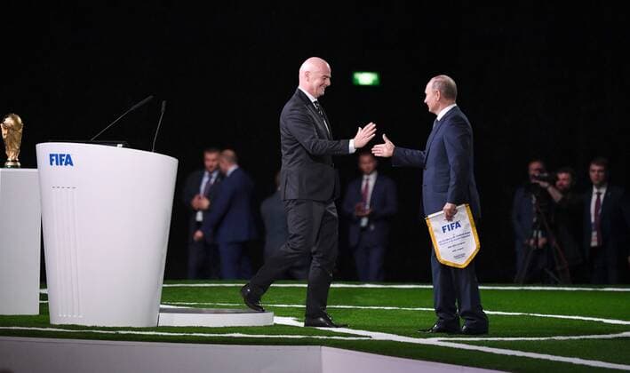 Football Men Season 2017 18 One day before the start of the World Cup in Russia 68 FIFA Congress in the Moscow Expocenter v l FIFA President Gianni Infantino Russia President Vladimir Putin 13 06 2018 Copyright: xMatthiasxKochx