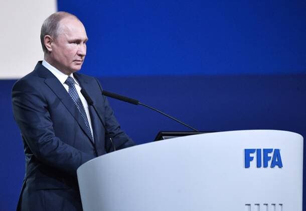 MOSCOW, RUSSIA - JUNE 13, 2018: Russia s President Vladimir Putin takes part in the 68th FIFA Congress at the Expocentre. Alexei Nikolsky Russian Presidential Press and Information Office TASS  TS083CAE