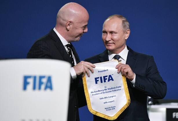 MOSCOW, RUSSIA - JUNE 13, 2018: FIFA President Gianni Infantino (L) and Russia s President Vladimir Putin during the 68th FIFA Congress at the Expocentre. Alexei Nikolsky Russian Presidential Press and Information Office TASS  TS083CAF