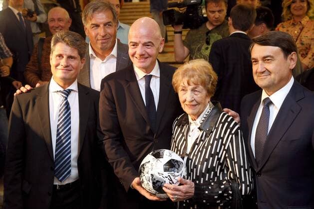 MOSCOW, RUSSIA â€“ JUNE 13, 2018: FIFA President Gianni Infantino (2nd L), Yashin s widow Valentina (2nd R), and Russian President Vladimir Putin s aide Igor Levitin (R) at the premiere of Svetlana Kharchevina s film Lev Yashin No 1 , a documentary about Soviet football goalkeeper Lev Yashin. Alexander Shcherbak TASS  83802665st