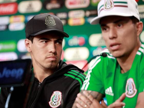 WM 2018, Pressekonferenz Nationalteam Mexiko Mexico midfielder Erick Gutierrez (L) and defender Carlos Salcedo attend a press conference PK Pressekonferenz following a training session of the team at the Dynamo Moscow sports facilities in Moscow, Russia, 14 June 2018. Mexico prepares for the FIFA World Cup WM Weltmeisterschaft Fussball 2018 taking place in Russia from 14 June to 15 July 2018. Mexico press conference !ACHTUNG: NUR REDAKTIONELLE NUTZUNG!  Copyright: xJoséxMéndezx(es-ES)x MOS01 20180614-636645817267320775