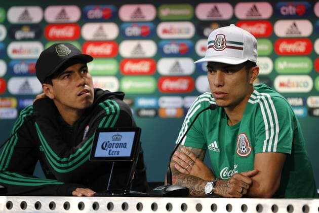 WM 2018, Pressekonferenz Nationalteam Mexiko Futbol, conferencia de prensa de la seleccion mexicana Copa Mundial de Rusia 2018 Los jugadores de Mexico Erick Gutierrez y Carlos Salcedo hablan con los medios de comunicacion durante una conferencia de prensa en el complejo deportivo del club Dynamo en Moscu, Rusia. 14 06 2018 Andres Pina Photosport Football, Mexico press conference PK Pressekonferenz World Cup Russia 2018 Mexico s players Erick Gutierrez and Carlos Salcedo speak to the medias during a press conference at the Dynamo center in Moscow, Russia. 14 06 2018 Andres Pina Photosport Conferencia de prensa de Mexico, mundial de Rusia 2018 