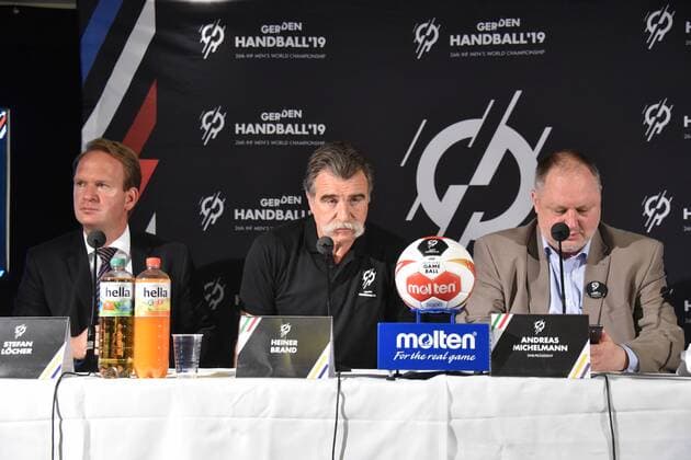 Heiner Brand Ambassadors of the Handball World Cup and Andreas Michelmann DHB President pose on 15.06.208 in Cologne at the presentation of the Handball World Cup Ambassadors The Handball World Championships 2019 will take place from the 10th of January 2019 in the Lanxess Arena in Cologne instead