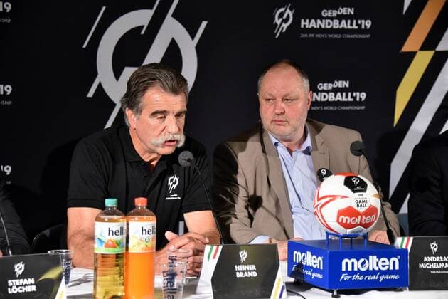 Heiner Brand Ambassador of the Handball World Championship lr and Andreas Michelmann DHB President pose on 15.06.208 in Cologne at the presentation of the Handball World Cup Ambassador The Handball World Cup 2019 will take place from 10th to 27th January 2019 in the Lanxess Arena in Cologne